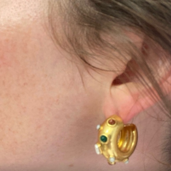 J. Crew Gold Hoop Earrings with Green and Red Gems - Picture 4 of 4